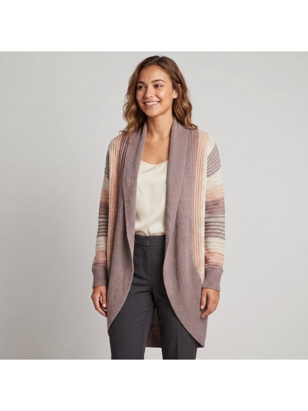 Say What Women's Open Knit Cardigan Sweater in Multicolor Stripes and size Large